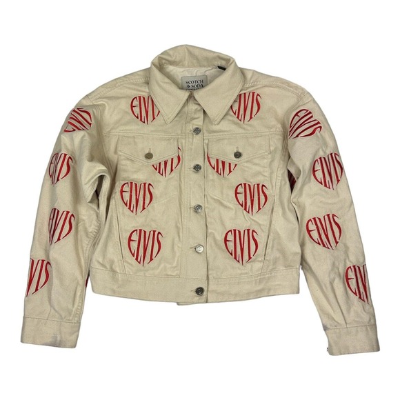 Scotch & Soda Womens Cream w/ Red Embroidered Elvis Pres Denim Trucker Small - Picture 1 of 7
